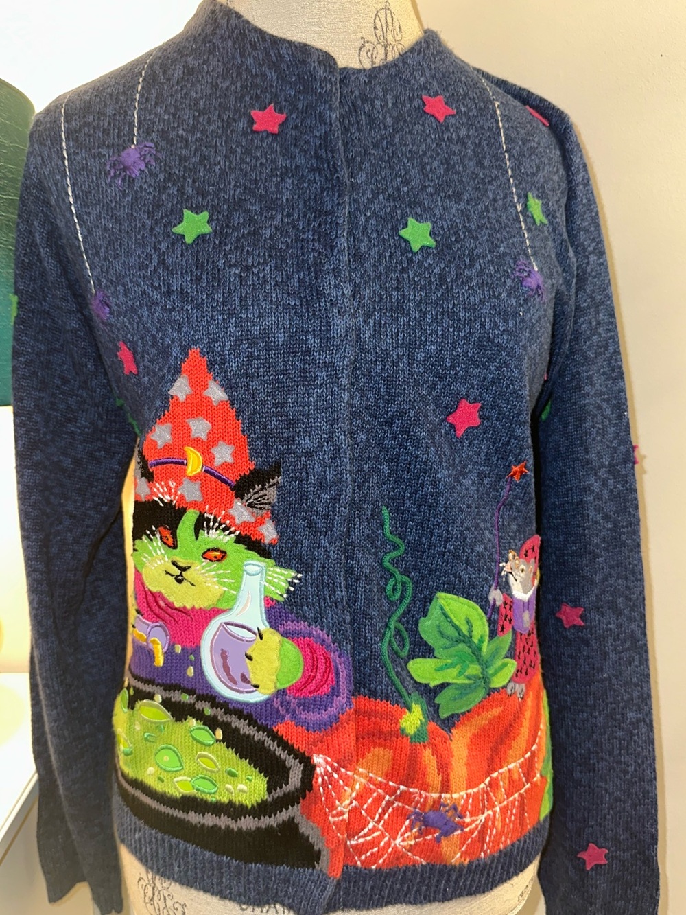 Rare Vtg Marisa Christina Halloween Cardigan Cats Spiders 3-D Small Never Worn